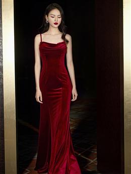 Picture of Wine Red Color Velvet Mermaid Straps Long Party Dresses 2022, Burgundy Bridesmaid Dress